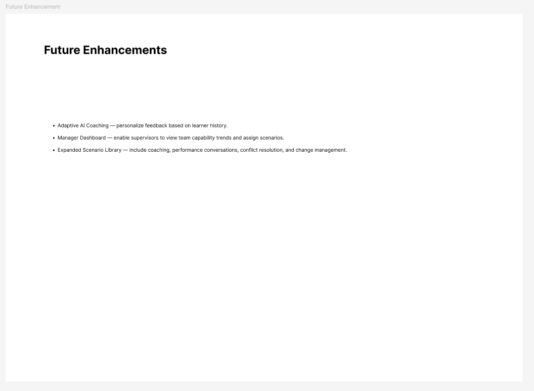 Bridge future enhancements list including adaptive AI coaching, a manager dashboard, and an expanded scenario library